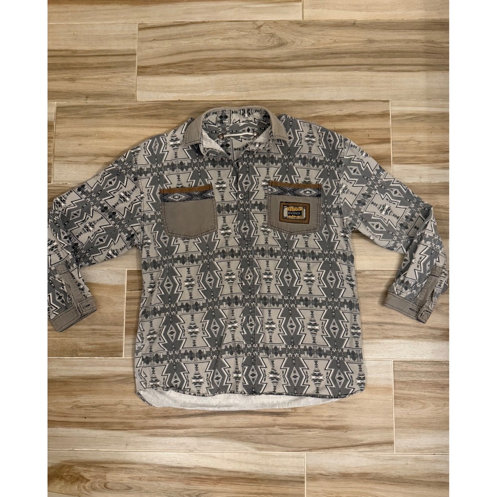 Vintage Major Damage Southwestern Tribal Print Button Down Shirt Grey Mens XL